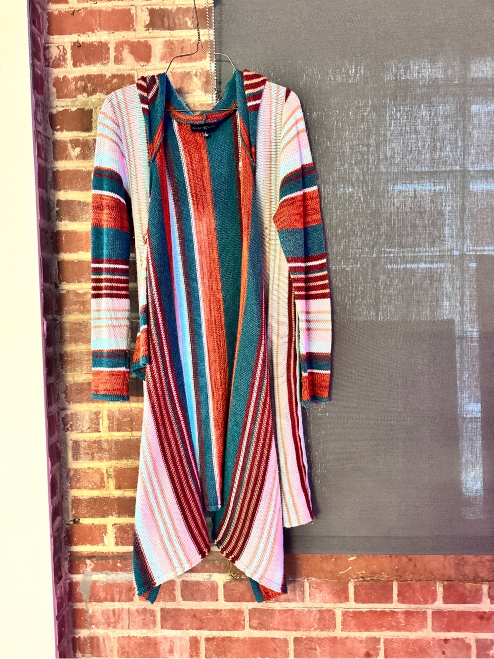 Almost Famous Multicolor Striped Hooded Cardigan - Teal, Rust, Pink